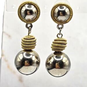 Vintage Chunky Beaded Earrings Silver Gold Tone Coiled Like Spacer Pierced
